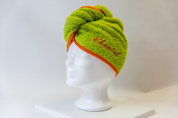 Haarturban - Haarhandtuch hellgrün / orange mit und ohne Namenstickerei