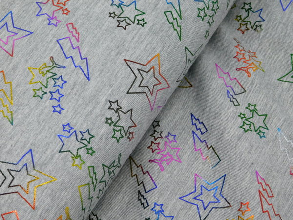 Jersey Stoff Sterne grau / bunt - metallic Baumwolle Elastan