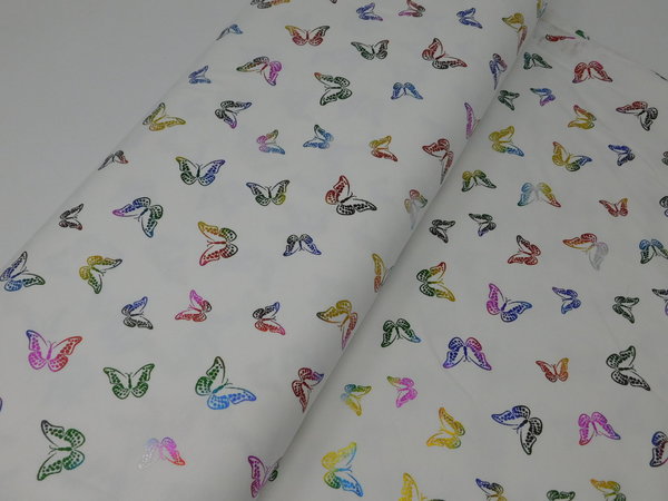 Jersey Stoff Schmetterlinge weiß - bunt metallic Baumwolle Elastan