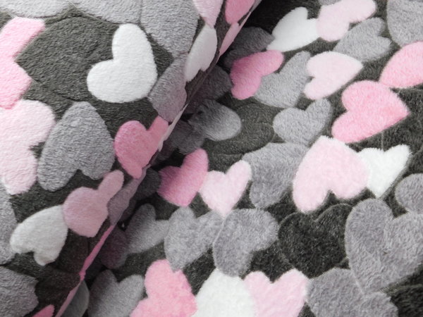 Kuschelfleece - Herzen allover grau - rosa - pink Wellnessplüsch Fleece Plüsch Stoff