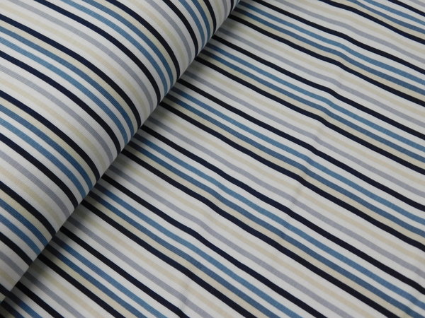Jersey Stoff  Streifen längs blau - beige - weiß Baumwolle Elastan