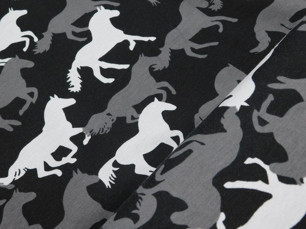 Jersey Stoff gallopierende Pferde - schwarz / grau Baumwolle Elasthan Tiere