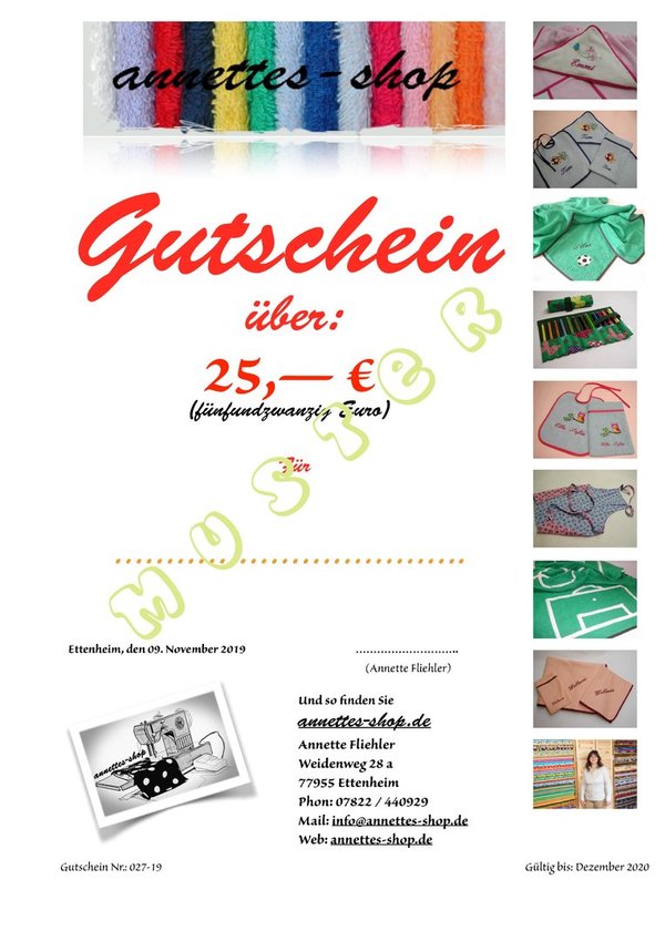 Geschenk - Gutscheine  69 € Muter-Kind Nähkurs  - annettes- shop