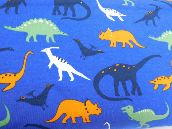 French Terry Sommersweat Kinderstoff Dinosaurier bunt / blau - annettes-shop