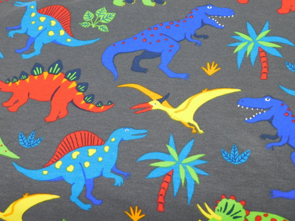 French Terry Sommersweat Kinderstoff Dinosaurier bunt / grau - annettes-shop