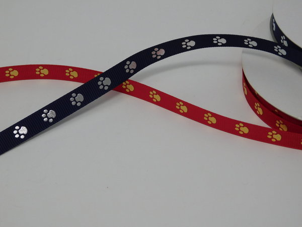 Ripsband 9mm breite - rot und dunkelblau mit Hundepfötchen - annettes-shop